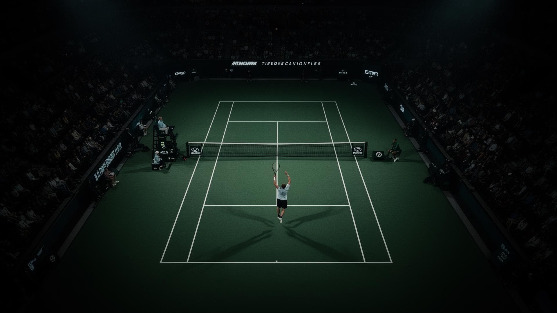 Tennis player serving on a stadium court at night