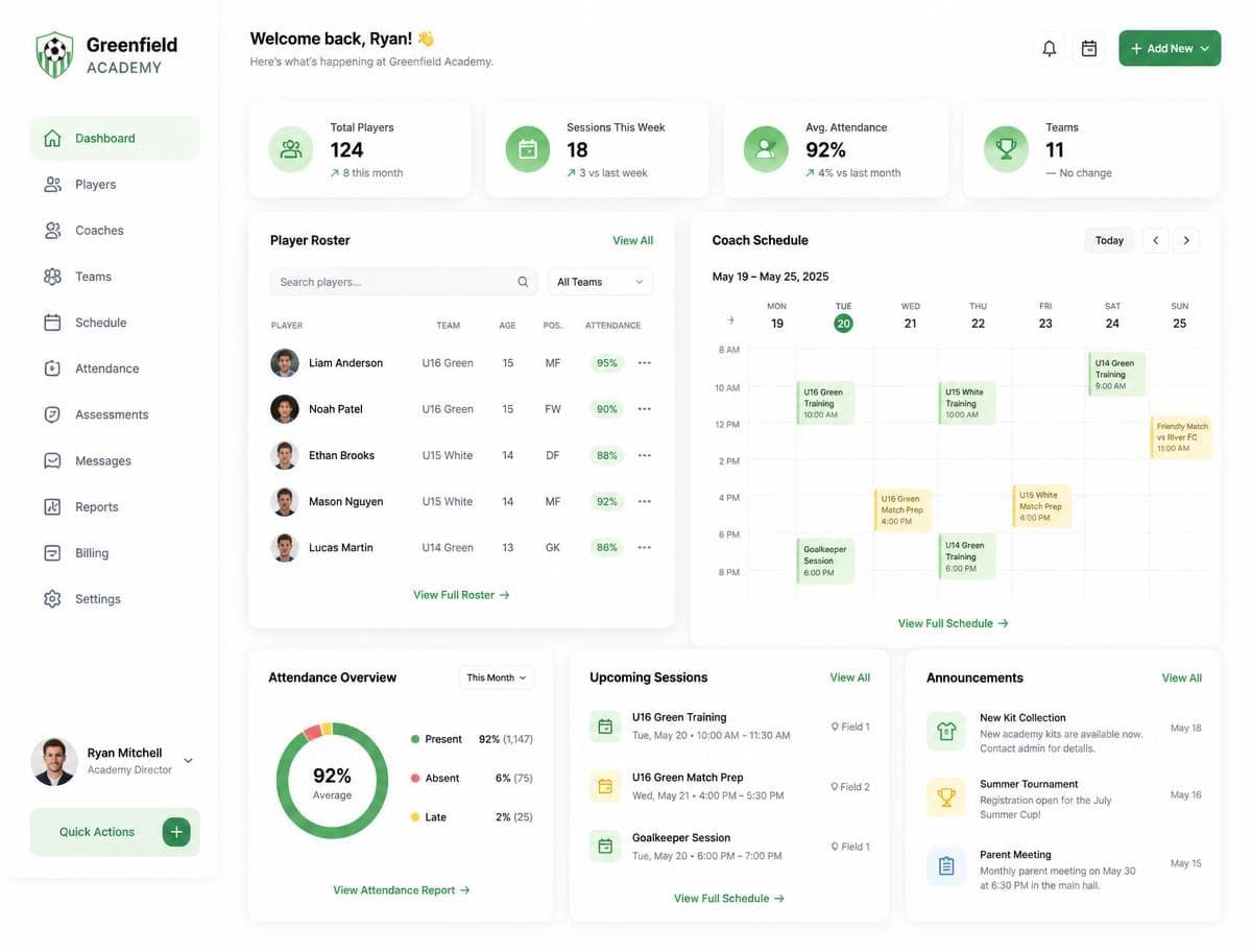 Academy Suite dashboard showing player roster, coach schedule and attendance