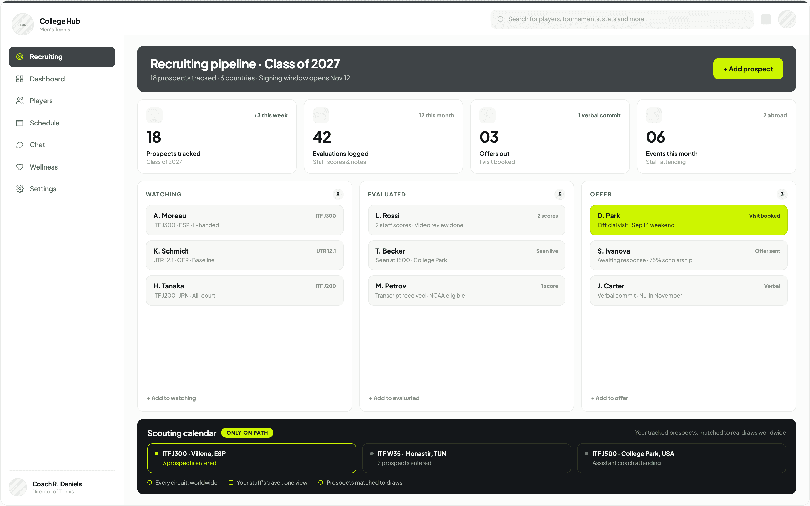 College Hub interface with athlete profile, coach connections and scholarships
